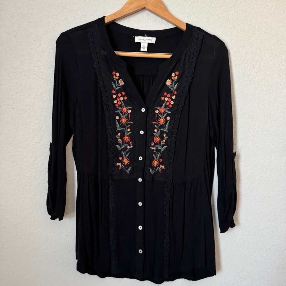Vintage America Black Blouse with Floral Embroidery
